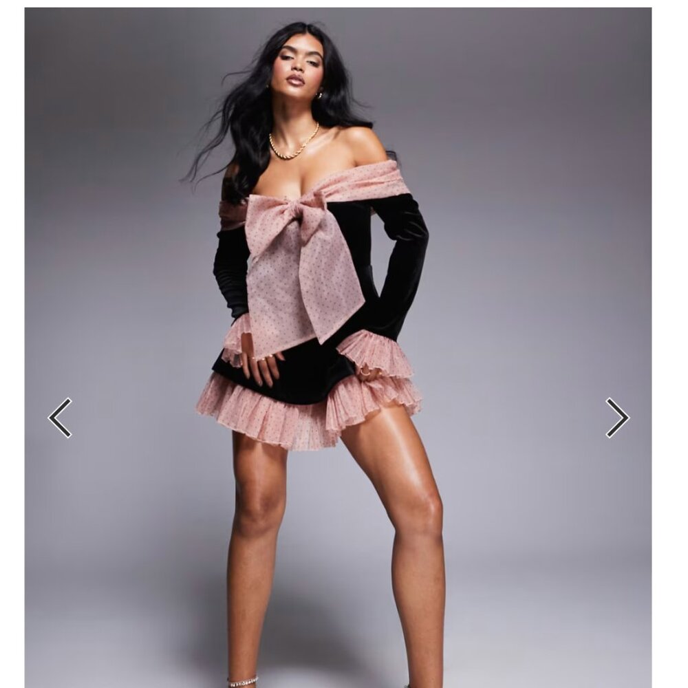 ASOS LUXE velvet bardot mini dress with pleated textured organza in black/pink